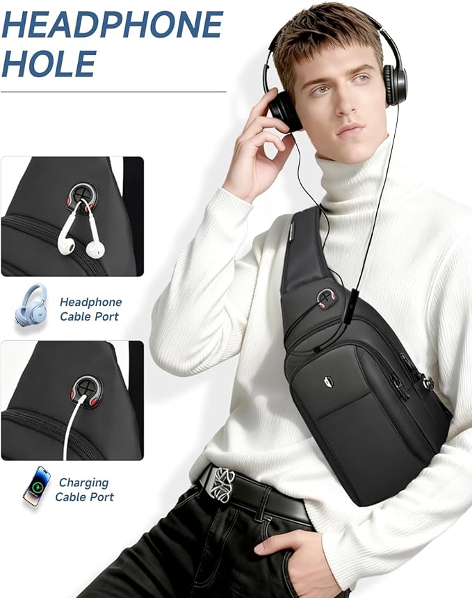 Sling Bag for Men, Anti Theft Crossbody Bag with Lockable Zipper, Water Resistant Chest Bag Fits 11” iPad & Switch 2, Lightweight Sling Backpack for Travel, Work & Commuting