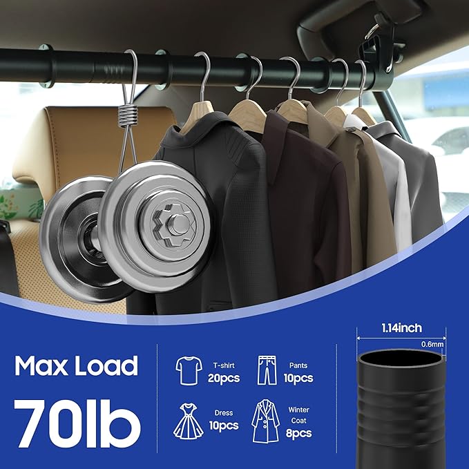 Extra Long Heavy-Duty Car Clothes Hanger Bar, Telescopic Clothes Rack for Car Travel (28"-73") Fits Large Vehicles, SUVs, Trucks, Holds 60 Clothes with 2 Hook and Loop Straps（Hold Up to 70lbs）