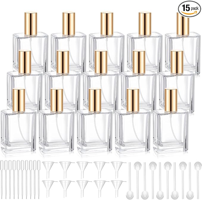 Domensi 15 Pcs 10/15/30/50 ml Glass Perfume Bottles Mini Glass Empty Spray Atomizer Bottles Bulk Refillable Perfume Dispenser Container with Pump Tool for Travel Skin Care (50 ml,Gold)