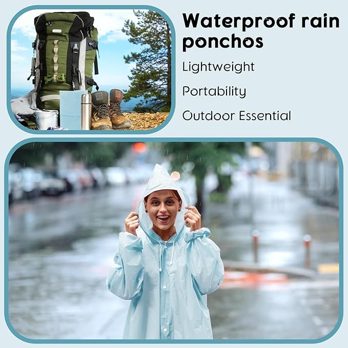 Rain Ponchos for Adults Reusable Rain Coats with Hood and Drawstring Thicken Ponchos Waterproof for Women(Light Blue)