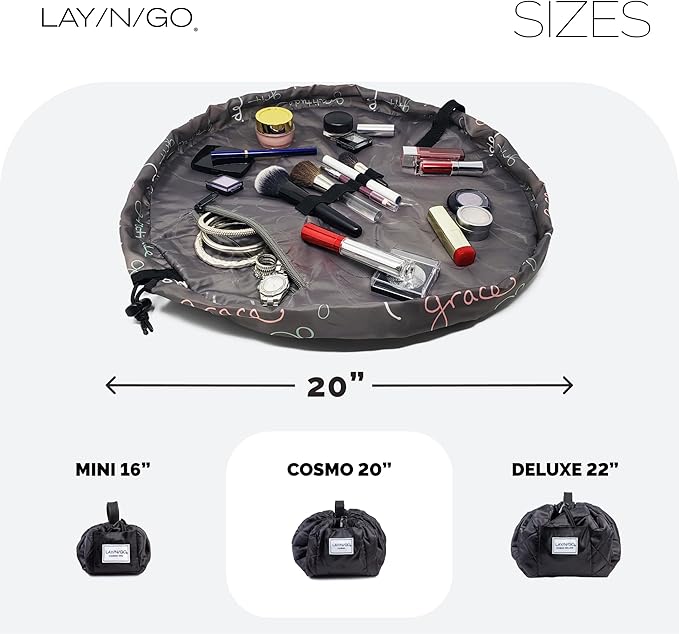 Lay-n-Go Cosmo Drawstring Cosmetic & Makeup Bag Organizer - Portable Drawstring Makeup Bag w/Zipper Pocket & More - Durable, Machine Washable Toiletry Bag for Travel (20", Grit Grace Gratitude)