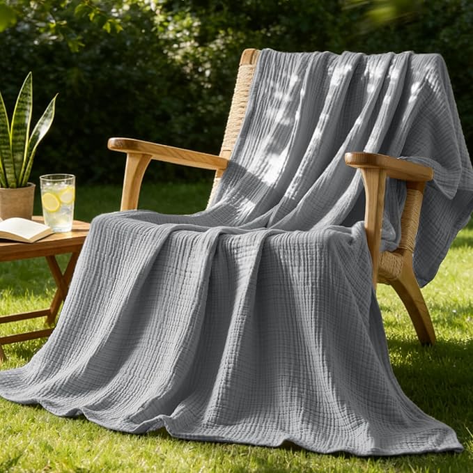 BEDELITE 100% Cotton Muslin Blankets for Adults - 4-Layer Twin Size Breathable and Lightweight Gauze Blanket for Couch, Bed, Travel and Summer, Soft & Cozy Gift for Women, Grey, 60"x80"