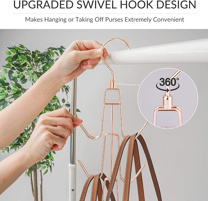 ZEDODIER Purse Organizer for Closet, Heavy-Duty Hanging Purse Hanger Closet Holds Up to 6 Purses, Metal Rotating Space Saving Bag Holder Handbag Storage Hook Backpack Rack, Rose Gold