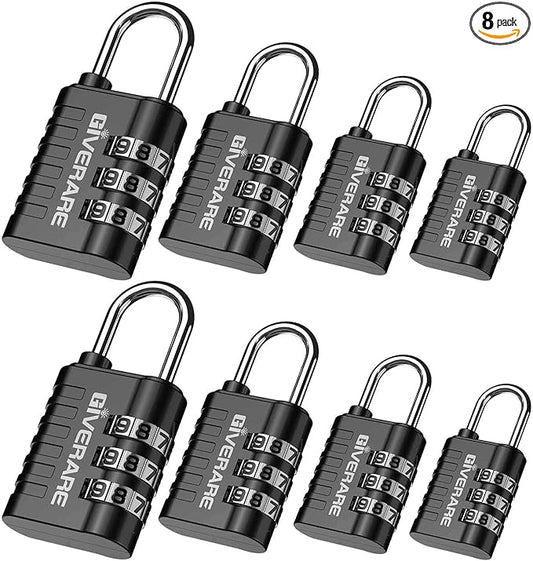 GIVERARE 8 Pack Combination Lock, 3-Digit Padlock Keyless, Resettable Luggage Locks for Backpack, Gym & School & Employee Locker, Weatherproof Travel Lock for Fence, Backyard Gate, Hasp, Case-Black