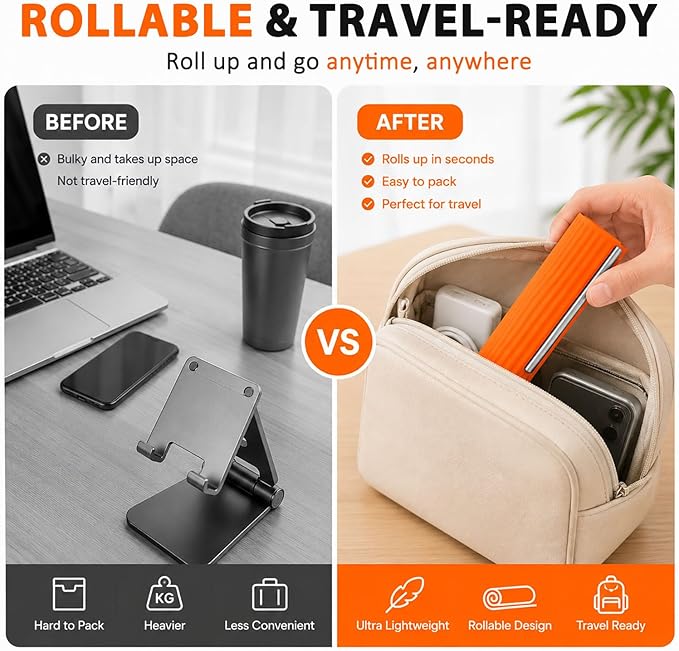 Portable Foldable Silicone Aluminum Phone Holder, 2026 New Flexible Silicone Aluminum Phone Holder, Folded into Any Shape, Universal Adjustable Anti-Slip Desktop Mount for Home Office Travel (Orange)