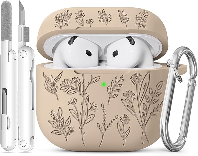 for Airpods 4 Case, Ekoonpft Flower Engraved Cases for Apple AirPods 4th Generation 2024, Soft Silicone Cover for Women Girly with 3-in-1 Cleaning Kit & Keychain, Anti-Scratch, Shockproof