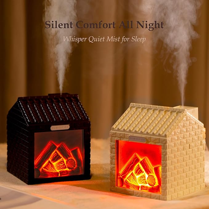 Mini Fireplace Cool Mist Humidifier with Flame Light, USB Powered, Auto Shut-Off, Portable for Bedroom Office Travel, 200ml, Coffee Brown