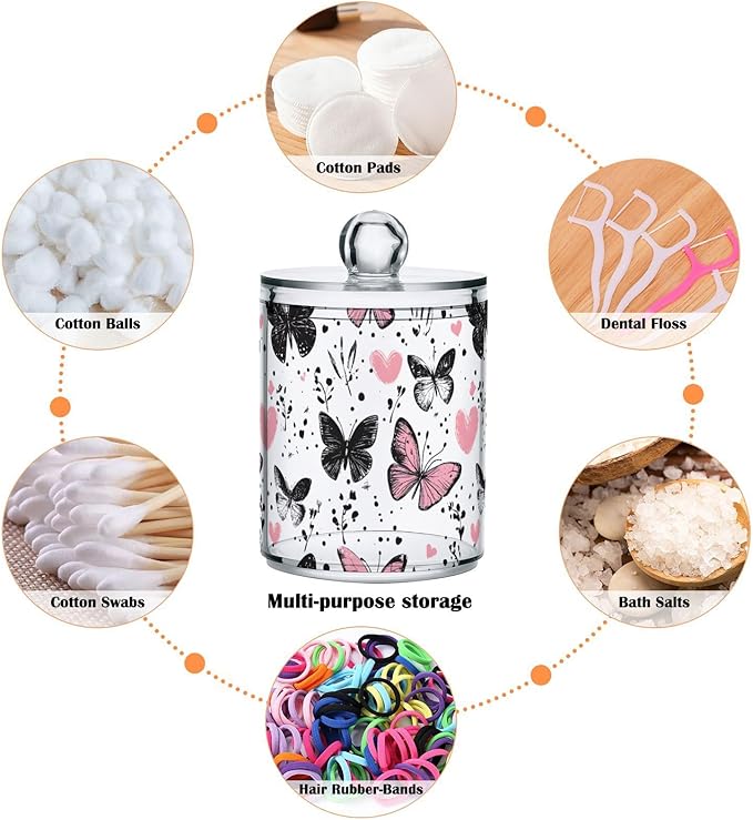 2 Pack Qtip Holder Organizer Dispenser Black Pink Butterflies Hearts Bathroom Storage Canister Cotton Ball Holder Container for Cotton Pads/Swabs/Floss