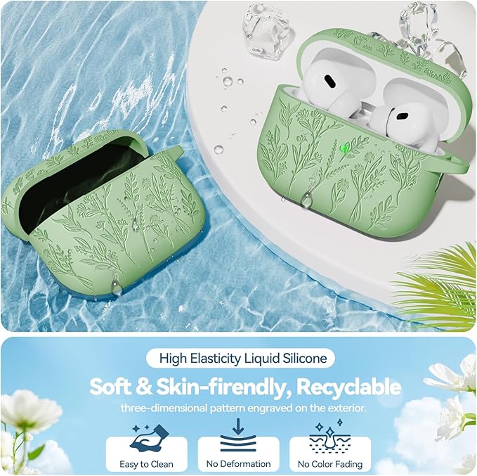 Flower Engraved Case for Apple AirPods Pro 2 Gen with Clean Kit,Soft Silicone Protective Case Cover for AirPod Pro 2nd/1st Generation Keychain,Lanyard,3 Pair Ear Tips,Front LED Visible,Pistachio Green