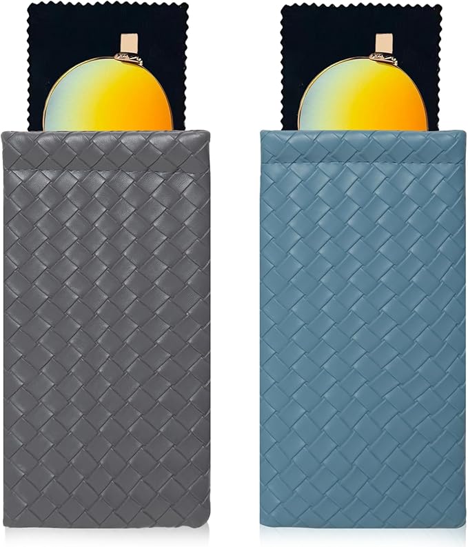 Squeeze Top Sunglass Pouch - Portable Sunglass Organizer Pouch Bags Soft PU Leather Glasses 2 Pack