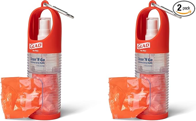 Glad for Pets Clean & Go Waste Bag Dispenser & Antibacterial Soothing Aloe Hand Sanitizer Spray | With Poop Bag Holder, 15 Bags in Tropical Breeze Scent & Mini Hand Sanitizer (Pack of 2)