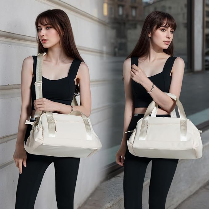 Bucosd Small Gym Bag for Women, Mini Crossbody Gym Duffle Bag with Wet Compartment, Carry on Gym Tote Bag for Workout Dance Sport Travel (Medium-Beige)