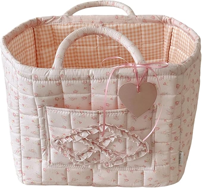 Floral Fabric Storage Basket Car Interior Storage Basket Underwear Sundries Laundry Baskets Supplies Home Organizer Bag (pink bow 1)