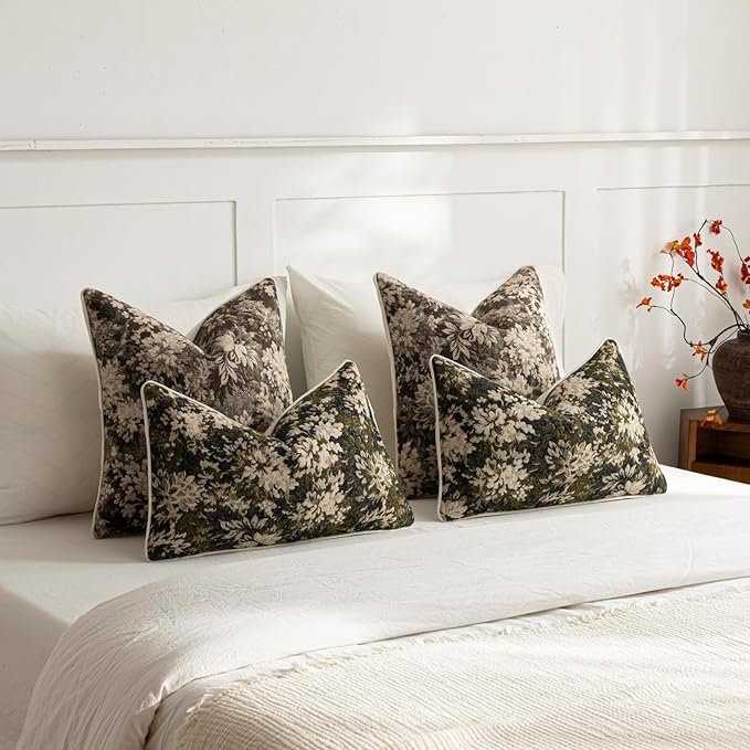 DEZENE Pack of 2 Vintage Floral Throw Pillow Covers 16x16 Boho Farmhouse Accents Chenille Square Decorative Pillow Cases for Living Room Couch Bed Home Decor, Grey