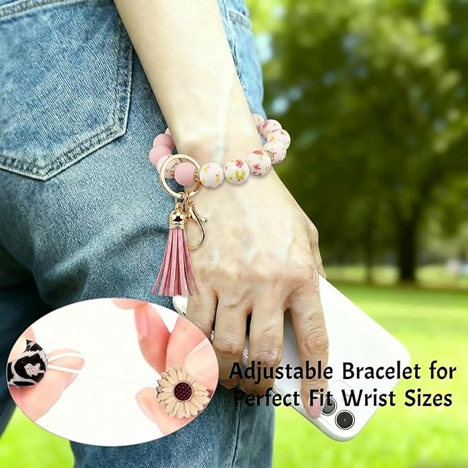 2PCS Bracelet Key Ring Set, Cute Car Key chain Wristlet, Silicone Beaded Bangle keyChains for Women Girls