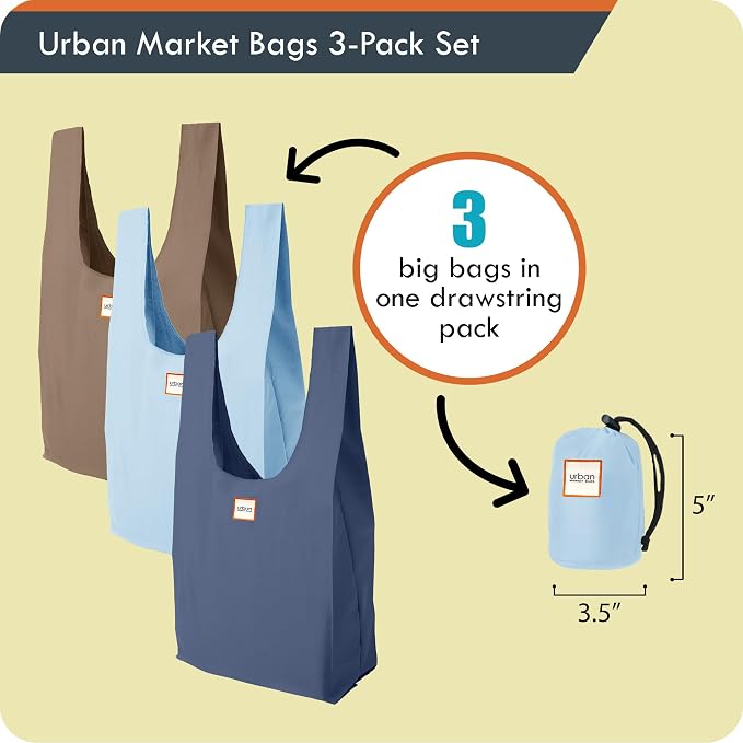 Urban Market Bags - Horizon - 3 Foldable Reusable Shopping Bags in 1 Compact Pouch, Luxury Quality, Recycled Fabric, Holds 50+ lbs, Machine Washable, Pouch Fits in Cupholder, Designed in California