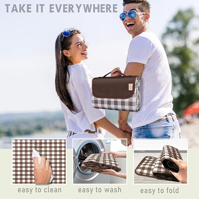 SAMSIER Outdoor Picnic Blankets Waterproof Foldable Sandproof, Extra Large Gingham Cute Picnic Mat Washable Portable for Park Beach Camping Courtyard (Brown, 80"×80")