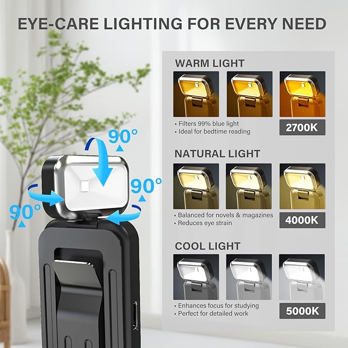 KTEBO Rechargeable Book Light with Clip & Battery Indicator, 9 Luminescence Modes, USB-C Portable 1.6 oz Ultralight Lamp for Night Reading in Bed, Readers - Black