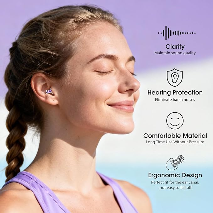 Ear Plugs for Concerts, 2 Pack High Fidelity Concert Ear Plugs with Acoustic Filter - NRR of 20-25dB Noise Reduction for Concert, Rave, Work, Musicians, Noisy Workplace Purple