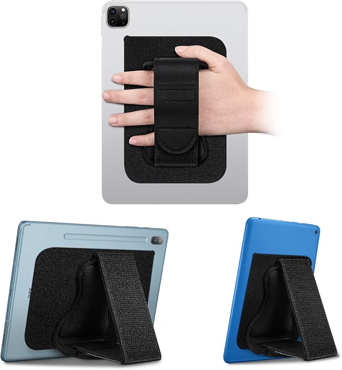 Fintie Universal Tablet Hand Strap Holder - [Dual Stand Supports] Detachable Padded Hook & Loop Fastening Handle Grip with Adhesive Patch for iPad/Galaxy Tab and All 7-11" Tablets, Black