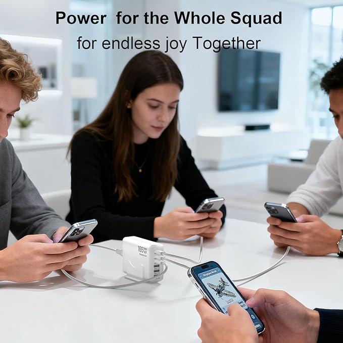 165W GaN USB C Charging Station, 6-Port Desktop Charger [3 USB-C PD + 3 USB-A], Multi-Device Fast Charger with 5 ft Cord for iPad iPhone 17/16/15, Samsung Galaxy, Tablets, Home Office Travel White