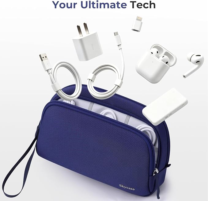 Skycase Travel Cable Organizer - Lightweight Water Resistant Dual-Layer Tech Pouch with Wrist Strap 9 Compartments Electronic Organizer Travel Case for Charger Cord Hard Drive,Small,Blue