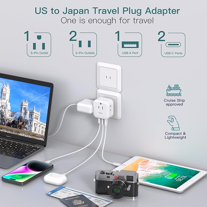 2 Pack US to Japan Plug Adapter, Japan Power Travel Adpter with 3 Outlets 3 USB Ports(2 USB C), Type A Travel Power Converter Plug Adaptor for USA to Japanese China Canada Mexico Philippines Peru