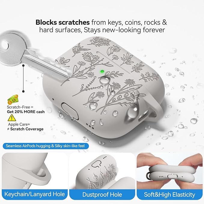 Flower Engraved Case for Apple AirPods Pro 2 Gen with Clean Kit,Soft Silicone Protective Case Cover for AirPod Pro 2nd/1st Generation Keychain,Lanyard,3 Pair Ear Tips,Front LED Visible,White