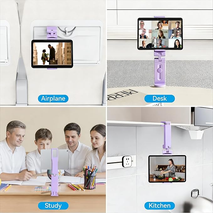 Airplane Tablet Holder Mount, Travel Essential Handsfree Tablet Stand with 360 Degree Rotation, Maximum 7.6” Clamp Opening, Compatible with iPad (Only Fits 7–11" Tablets) Purple