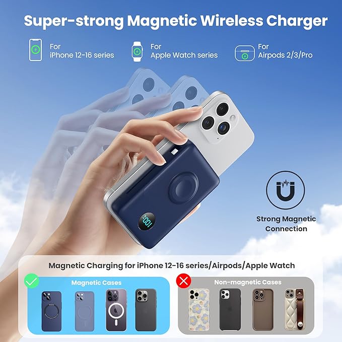 Ekrist Magnetic Portable Charger for MagSafe with Built-in Cable,iWatch Charger,Wireless Power Bank Travel Essentials,25W Fast Charging Battery Pack for iPhone 17/16/15,Apple Watch(Navy,10800mAh)