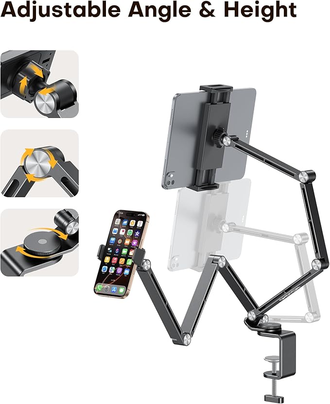 OMOTON Tablet Stand for iPad with 360° Rotation, GH03 Aluminum Alloy Long Arm Phone Mount with 2 Plastic Clamps (Phone & Tablet), Adjustable Holder for 4-13" iPad Pro/iPhone, Black