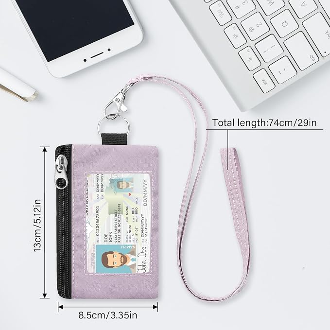 Minimalist RFID Blocking Wallet with Lanyard, Functional ID Case with 2 Zipper Pockets and Key Chain for Men and Women, Tactical Badge Pouch Cards Holder, Coin Purse for Travel Sports-Purple