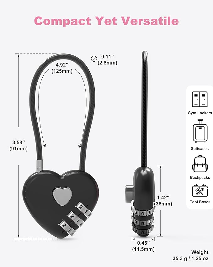 3 Digit Combination Lock, Combo Cable Lock with Code, Small Padlock Combination, for Luggage, Suitcase, Gym Locker, Backpack Bag Zipper, Cabinet, Mailbox, Fence, Travel Safe Outdoor Use