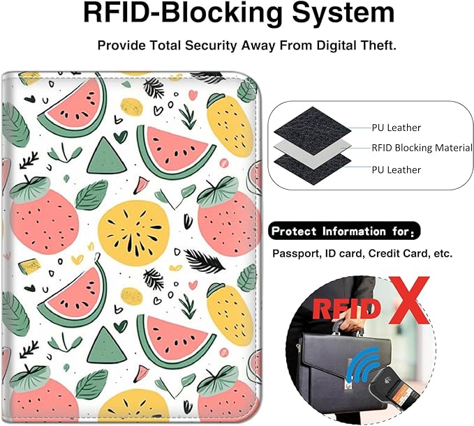 Passport Wallet, Passport Holder with RFID Blocking and Luggage Tag, Waterproof PU Leather Travel Documents Organizer Case, Passport Covers with Card Slot for Women & Men, Watermelon Fruit Pattern