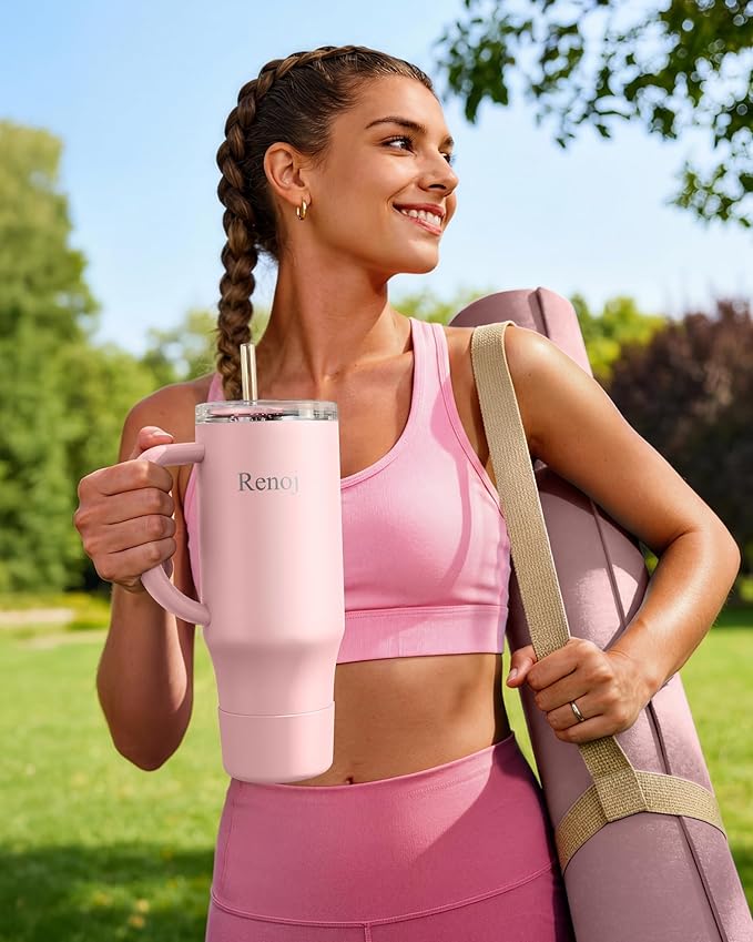 Renoj Insulated Mug 100% Spill Resistant Insulated Water Bottle for Iced Coffee & Hot Drinks - Fits Car Cup Holder, Ideal Gift, 2 Straws & Silicone Boot - FlexSlide Light Pink 32 oz