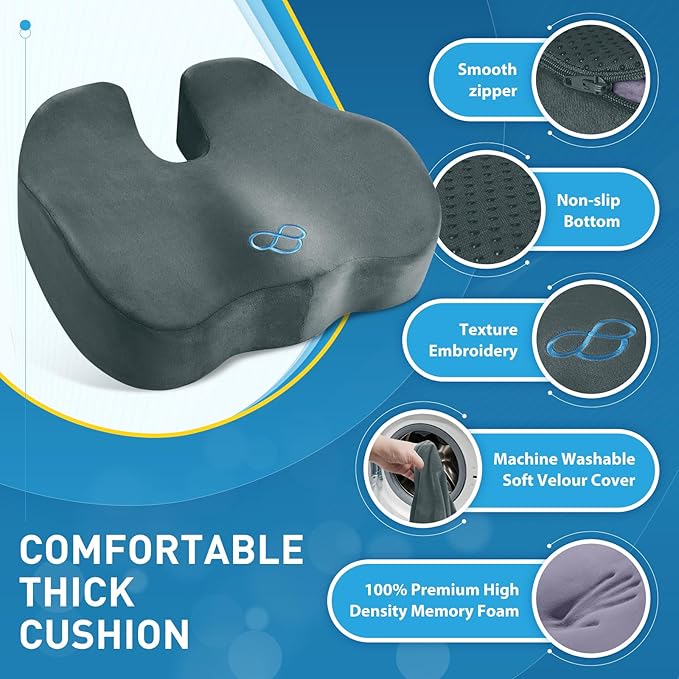 BlissTrends Seat Cushion,Thick Memory Foam Cushions for Office Chair, Car Seat, Airplane, Relieving Pressure Tailbone Sciatica Back Pain for Office Workers, Car Drivers 4.7in Thick DarkGreen