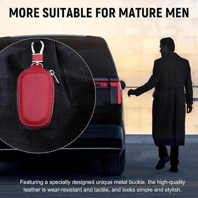 Yourkar 2 PCS Car Key Case, Genuine Leather Auto Key Fob Storage Bag, Key Chain Holder Key Ring Zipper Bag, Car Accessories (Black+Red)
