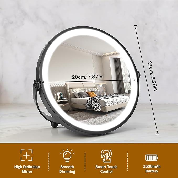 Vanity Mirror with Lights, 8" LED Makeup Mirror Built-in 1500mAH Lithium Battery, HD Professional Mirror, Smart Touch with 3-Color Lighting, Dimmable, Lighted Up for Makeup Desk, Travel (Black)