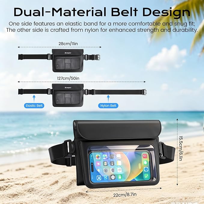 Rynapac 2 Pack Waterproof Fanny Pack for Woman Man, IPX8 Swimming Dry Belt Bag, Passport Wallet Phone Pouch Double Space, Elastic Waistband, Beach Cruise Vocation Essentials 2026
