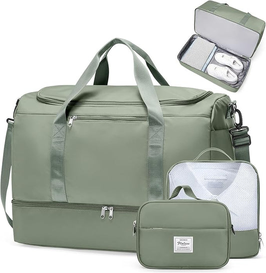 Extra Large Travel Duffle Bag,Carry on Overnight Weekend Bag with Shoes Compartment,Weekender Bags for Women for Travel Business Trips Sport Hospital,3 Pcs Set,Olive Green