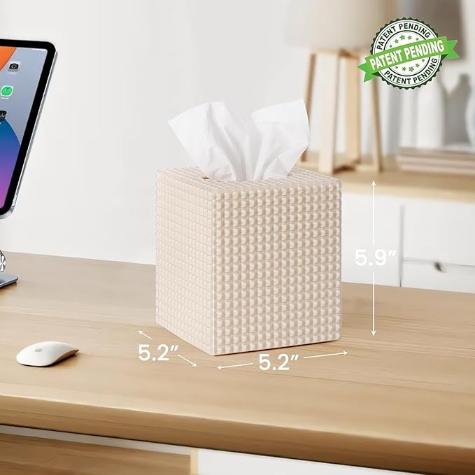 Tissue Box Cover, Square Modern Facial Acrylic Tissue Holder, Aesthetic Cube Napkin Dispenser Accessories for Bathroom Vanity Countertop, Night Stand, Office Beige