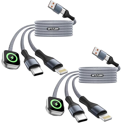 Cruise Essentials 2026, 3 in 2 Multi Charging Cable for iPhone Watch Charger/iPhone 17/IP, iWatch Charger, Travel Camping Essentials Compatible with iWatch 11-2/Ultra/iPhone 17-8,Car (2Pack,6FT)White