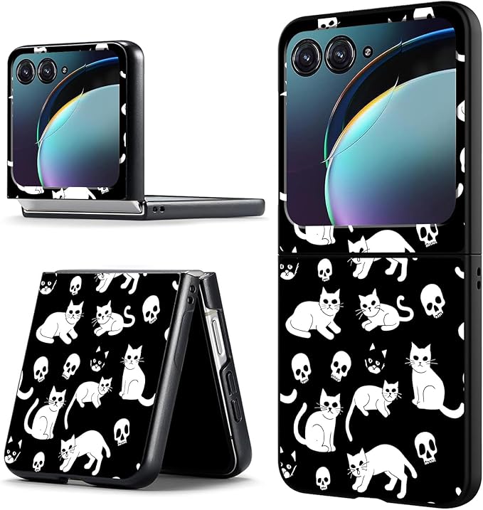 for Motorola Moto Razr 2024 Case,Moto Razr 50 Phone Case Cute Slim Hard PC Ultra-Thin Anti-Scratches Shockproof Protective Cover,Black White Cat