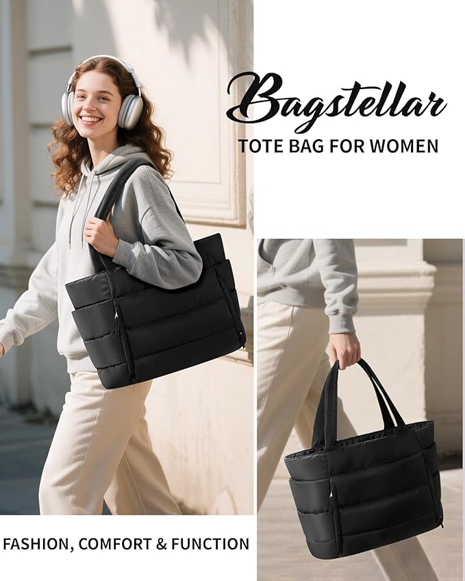 Bagstellar Puffer Tote Bag for Women, Lightweight Puffy Work Handbag Teacher Nurse Quilted Shoulder Bag for School Travel Gym | Cloud Bag w/ Zipper