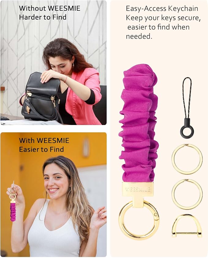 WEESMILE Keychain Wristlet, Stretchy Key Chain for Car Keys with D ring, Cute Scrunchie Wrist Bracelet for Women Men