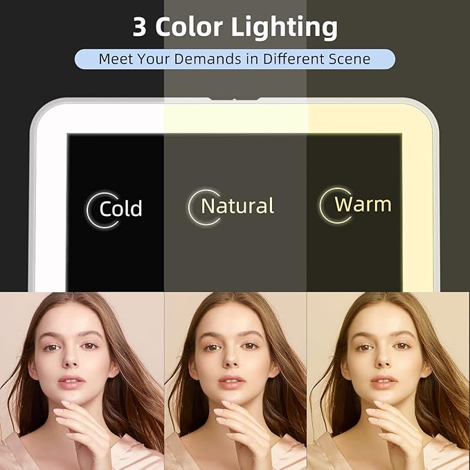 Rechargeable Travel Lighted Makeup Mirror with PU Leather Cover, Portable Travel Makeup Mirror with lights, 3 Color Lighting,Touch Sensor Dimmable, Light Up Tabletop Folding Cosmetic Mirror Colorful