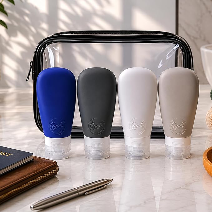 Travel Bottles for Toiletries, TSA Approved 3oz Leak Proof Silicone Refillable Squeeze Travel Size Containers BPA Free for Cleansers, Lotions, Shampoo, Conditioner 4pk With Bag(W,G,Blk,Bl)