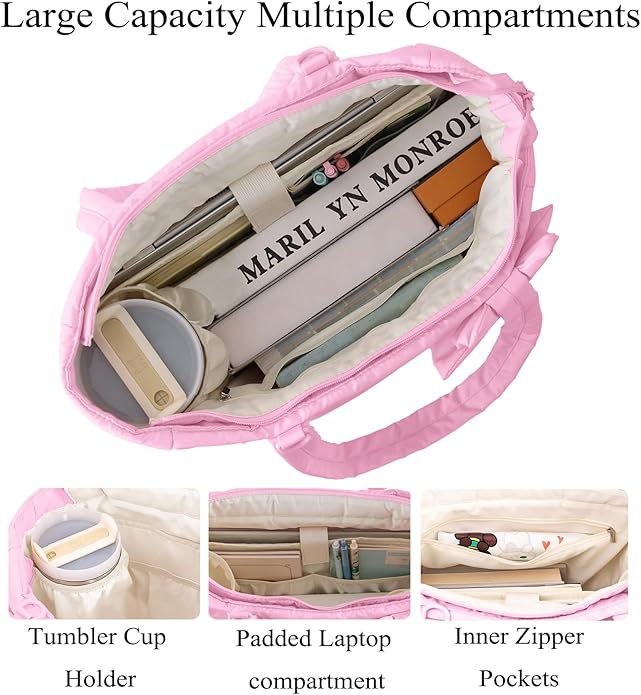 Puffer Tote Bag for Women, Quilted Bow Tote Bag with Cup Holder & 15.6 In Laptop Compartment for Work, Travel, Gym, College