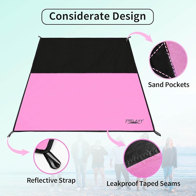 Frelaxy Pocket Picnic Blanket, Waterproof Sandproof Beach Mat, Compact Camping Tarp for Festivals, Hiking, Travel, Outdoor Recreation (Pink & Black, 28'' x 47'')