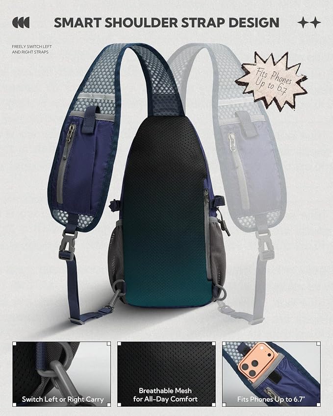 WATERFLY Packable Crossbody Sling Bag: Small Lightweight Travel RFID Blocking Sling Daypack with Water Bottle Holder - Shoulder Chest Bag Backpack for Women Men Hiking Traveling Theme Parks